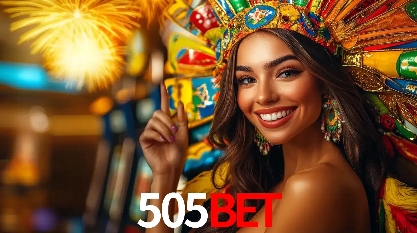 Mulher sorridente com um cocar de carnaval vibrante e colorido, celebrando uma grande vitória nos jogos do cassino 505BET com fogos de artifício ao fundo.
