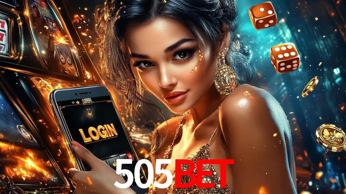 Mulher glamourosa segurando um celular com a tela de login do cassino 505BET, rodeada por dados e moedas douradas, pronta para começar a diversão.