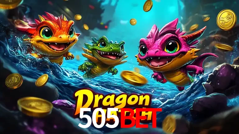 Arte promocional do jogo Dragon Hatch com três adoráveis dragões bebês nadando entre moedas de ouro, um dos slots mais divertidos para jogar no cassino 505BET.