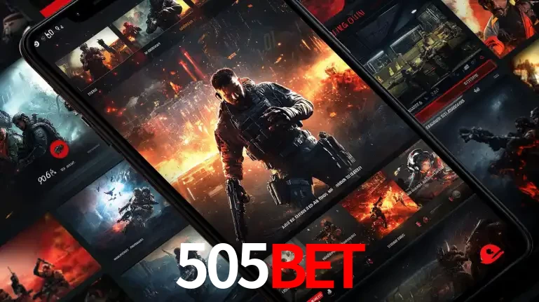 Tela de um celular exibindo uma galeria de jogos de tiro com temática militar, mostrando a variedade de e-sports disponíveis para apostas na plataforma de entretenimento 505BET.