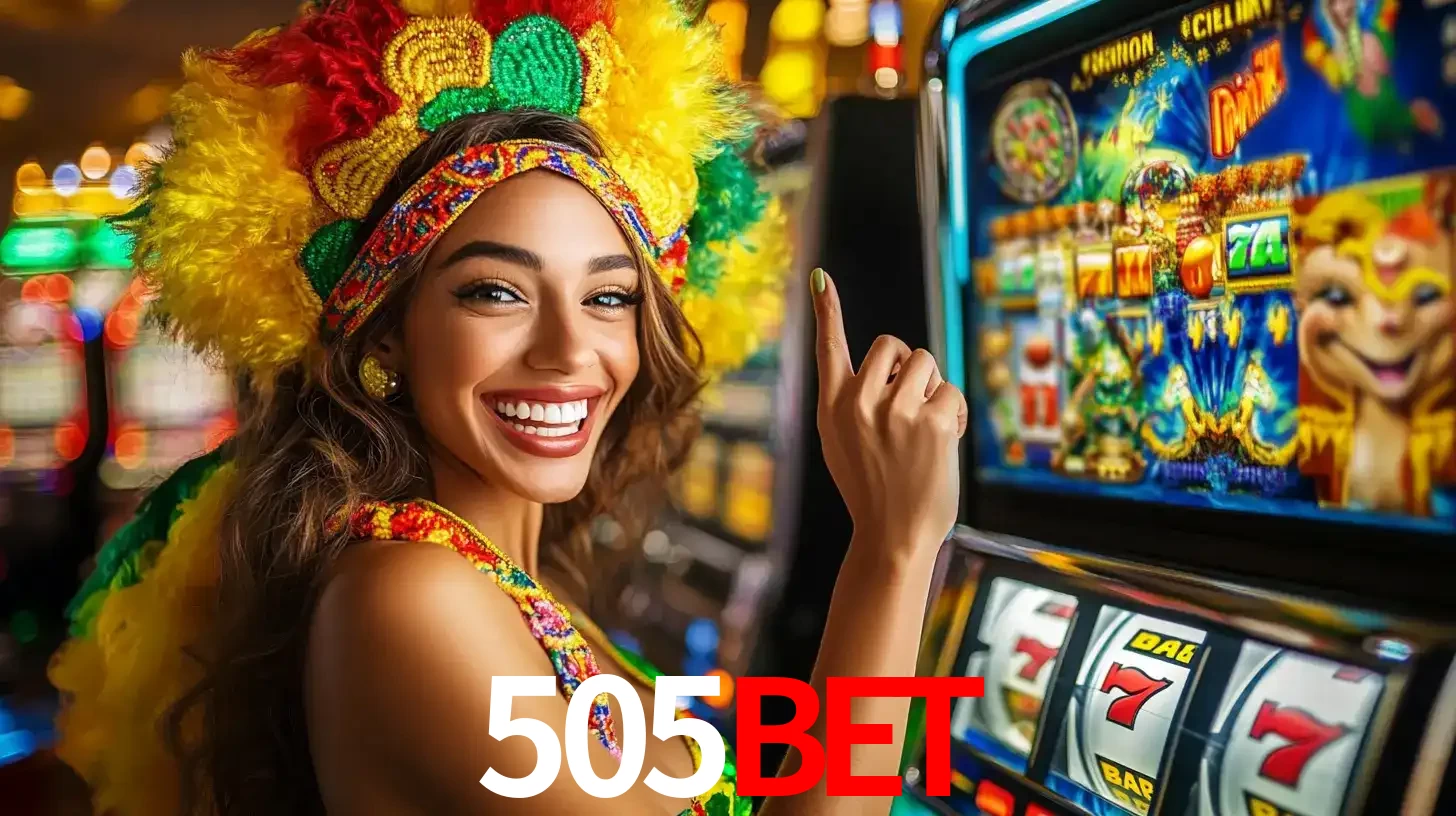 Mulher animada com um cocar de carnaval apontando para uma máquina de caça-níqueis, mostrando a emoção de ganhar um grande prêmio nos jogos do 505BET.