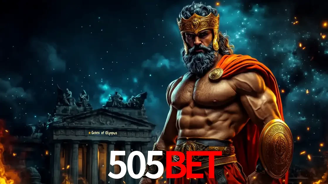 O poderoso Zeus do jogo de slot Gates of Olympus em frente ao seu templo, pronto para lançar multiplicadores divinos e prêmios épicos no cassino online 505BET.
