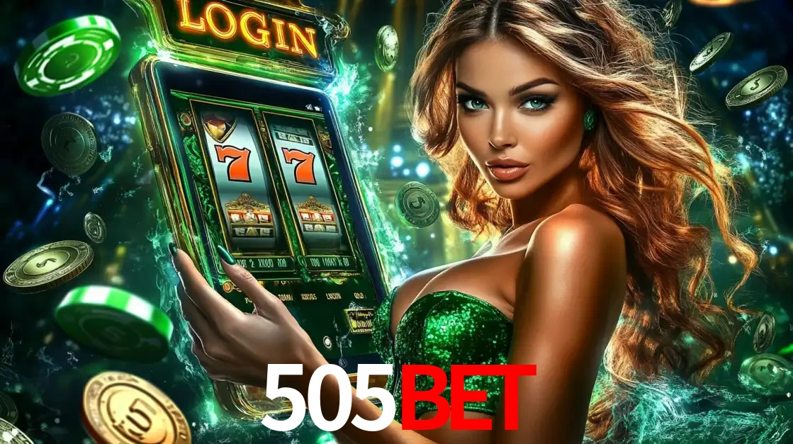 Mulher com tema verde apresentando o aplicativo do cassino 505BET com um jogo de slot de 777, cercada por fichas de cassino e uma aura de sorte.