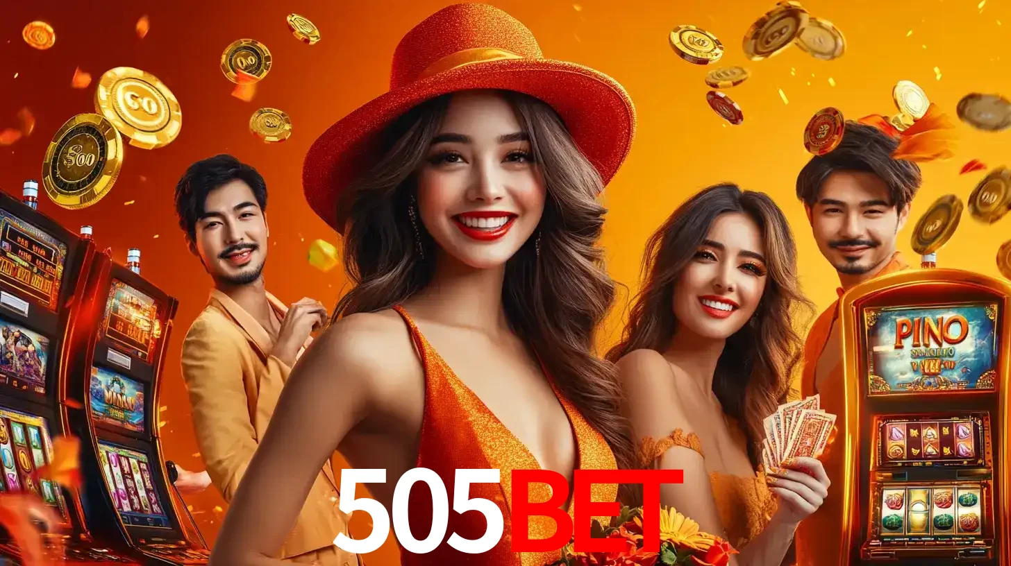 Grupo de amigos asiáticos sorrindo e se divertindo com máquinas de caça-níqueis em um ambiente festivo, celebrando suas vitórias nos jogos de cassino do 505BET.