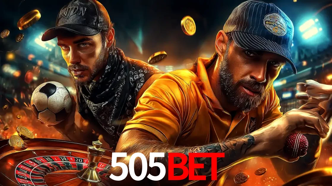 Montagem de apostas esportivas e cassino no 505BET, com um homem segurando uma bola de futebol e outro uma de beisebol sobre uma roleta e moedas voadoras.