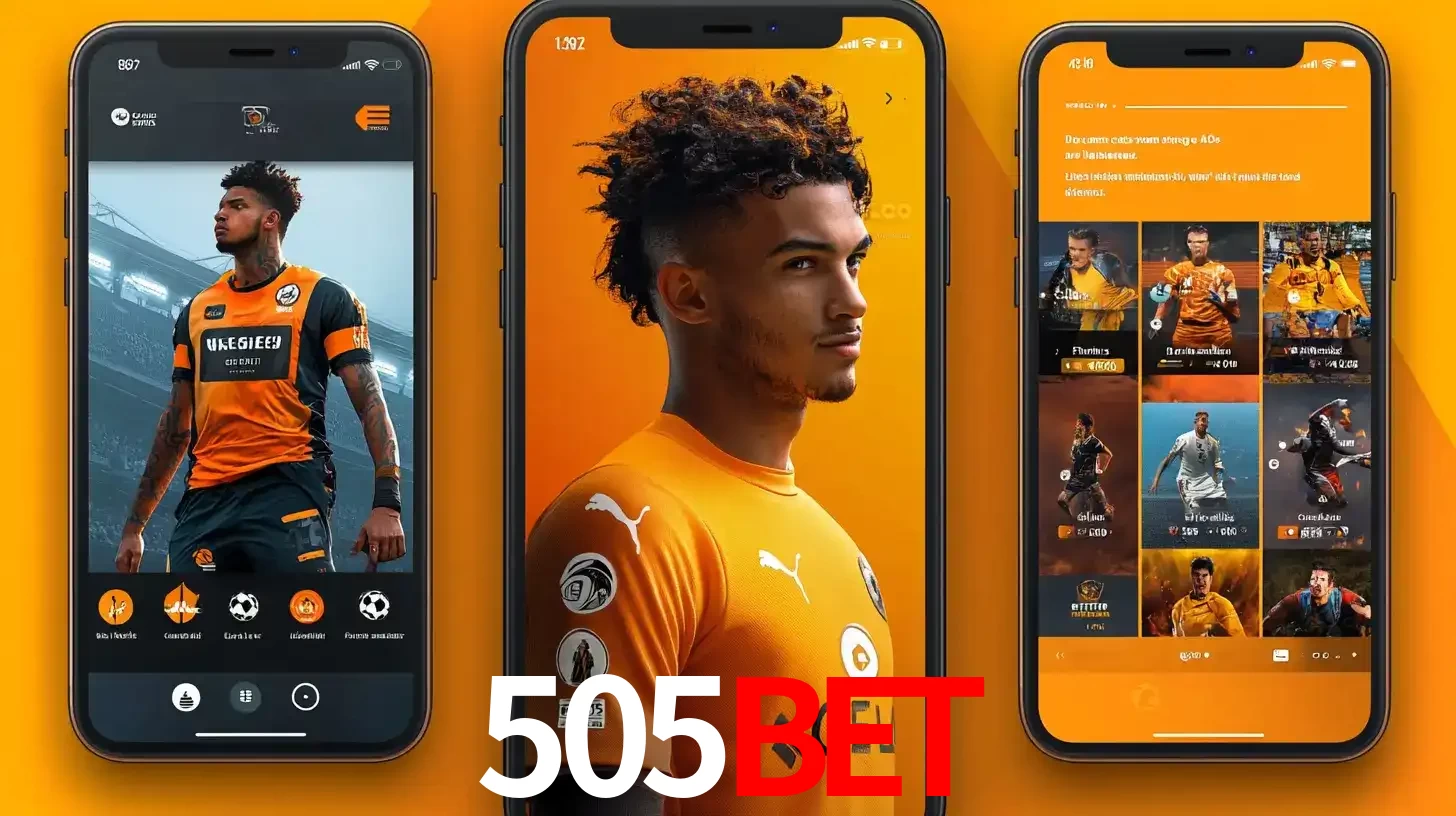 Interface do aplicativo de apostas esportivas 505BET em três telas de celular, mostrando o perfil de um jogador de futebol e a lista de jogos disponíveis para apostar.