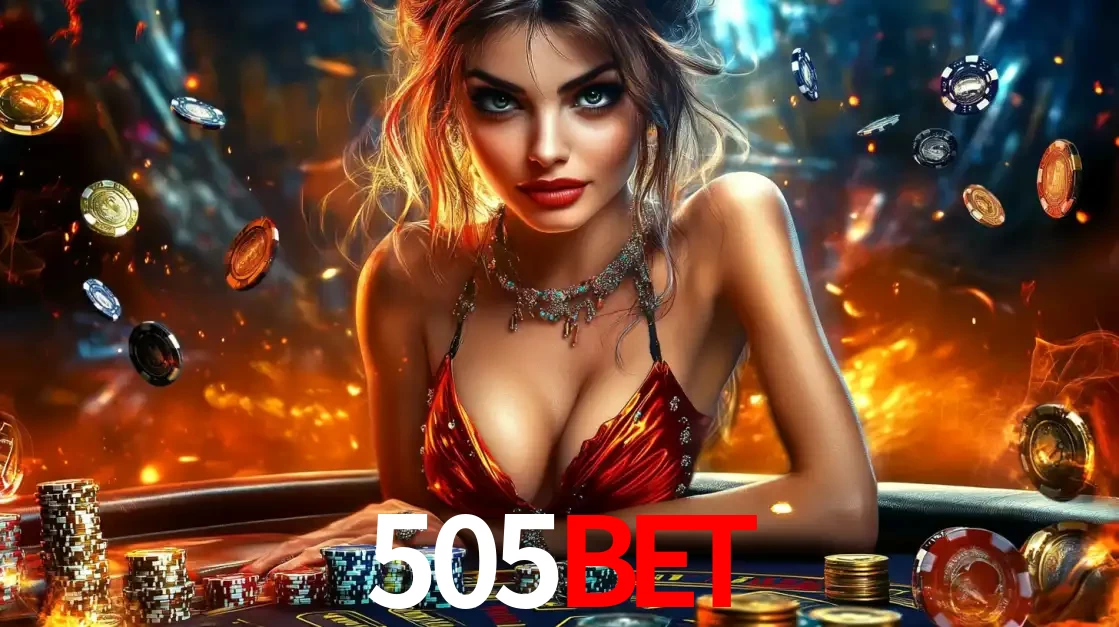 Mulher em uma mesa de cassino com pilhas de fichas e um fundo de fogo, pronta para uma rodada de altas apostas nos jogos de mesa emocionantes do cassino 505BET.