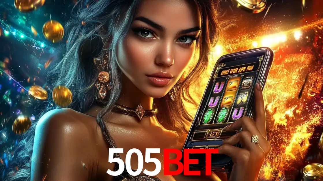 Mulher elegante mostrando um jogo de caça-níqueis em seu smartphone, destacando a experiência de cassino móvel oferecida pelo aplicativo 505BET.